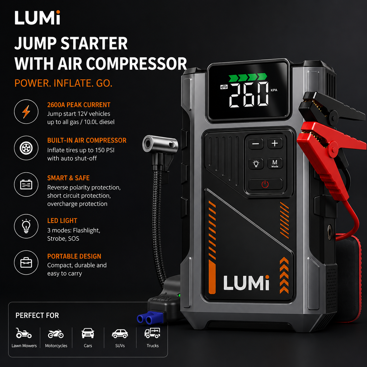 LUMi™ 3-in-1 Portable Jump Starter with Air Compressor