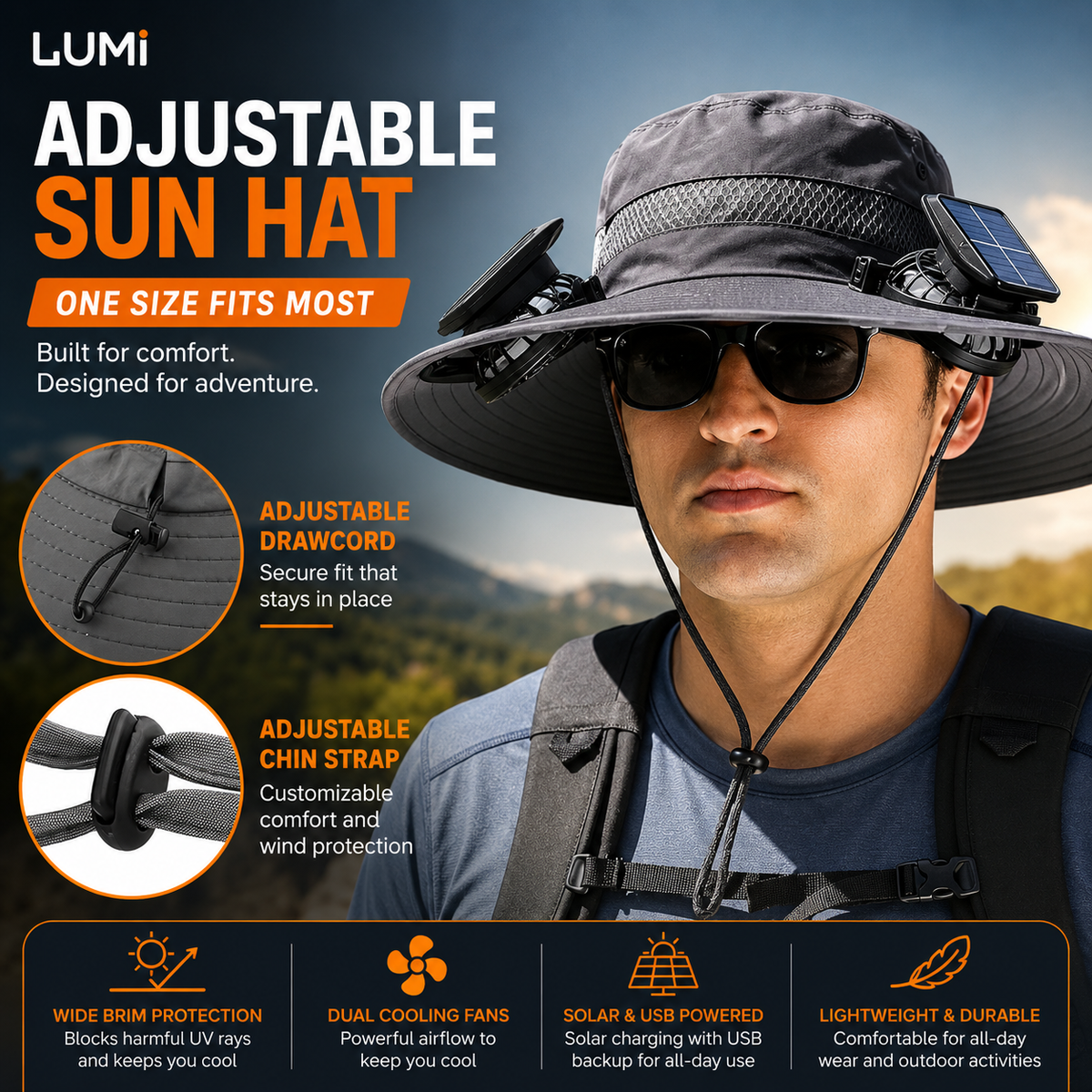 LUMi™ UPF 50 Wide Brim Bucket Hat w/ Solar Fans