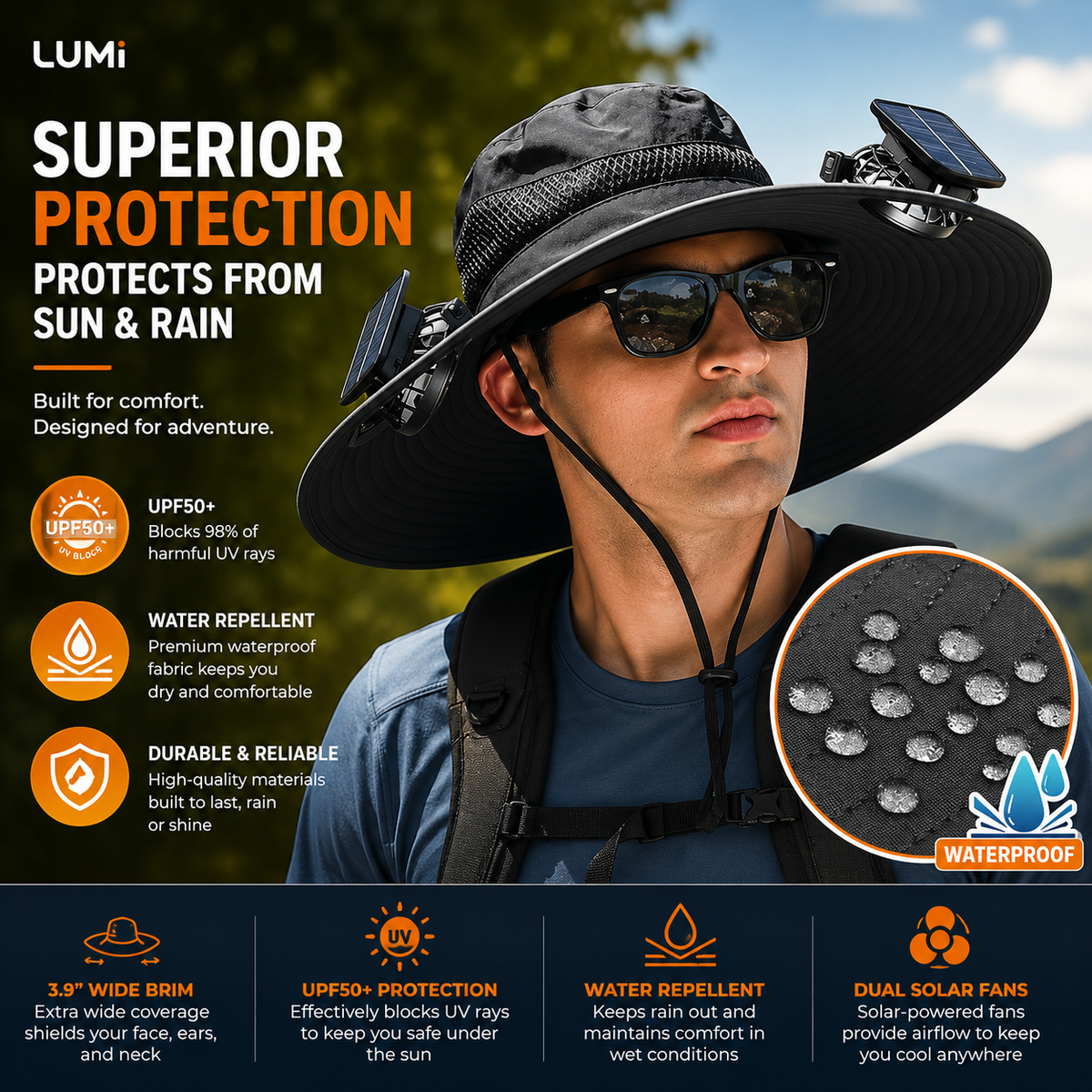 LUMi™ UPF 50 Wide Brim Bucket Hat w/ Solar Fans