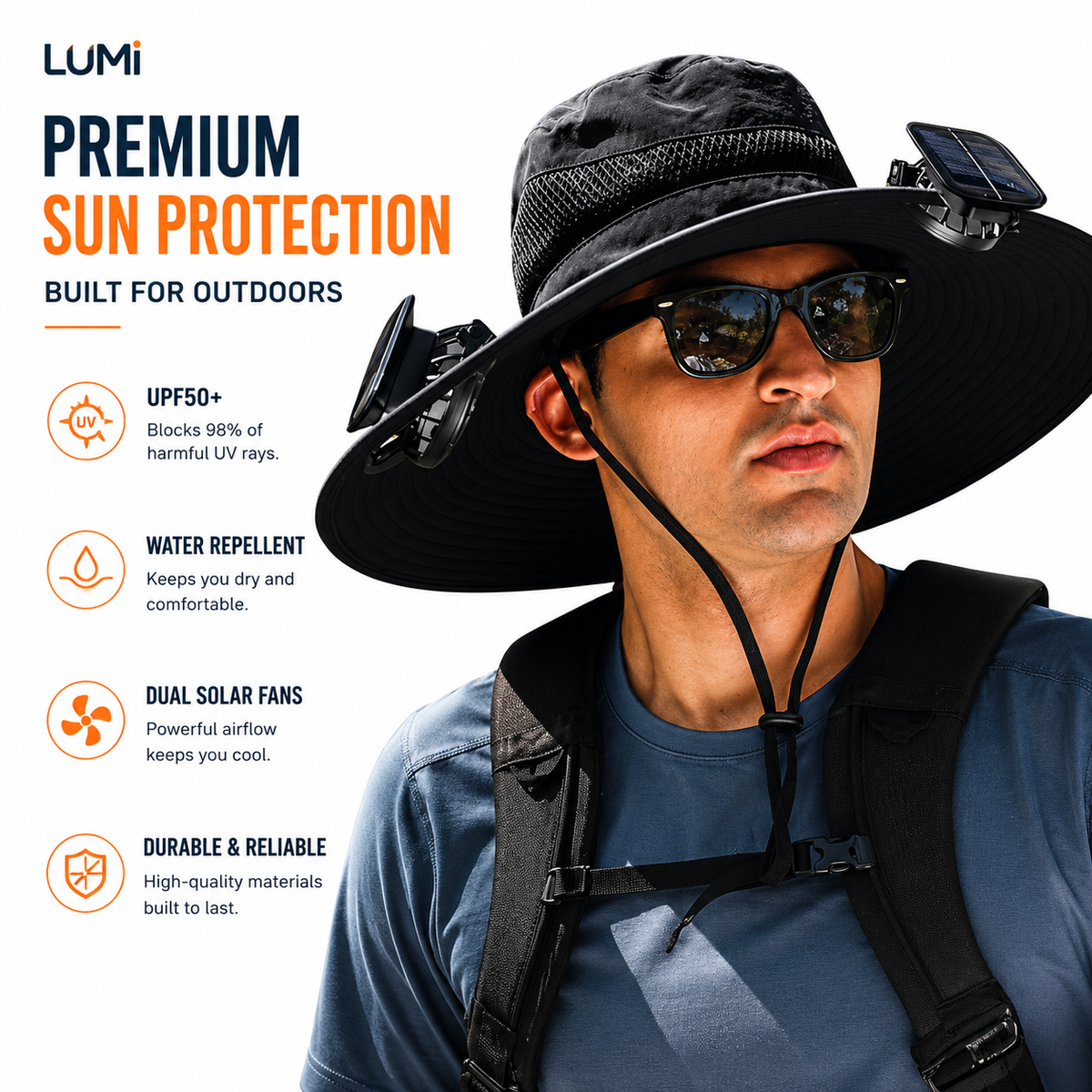 LUMi™ UPF 50 Wide Brim Bucket Hat w/ Solar Fans