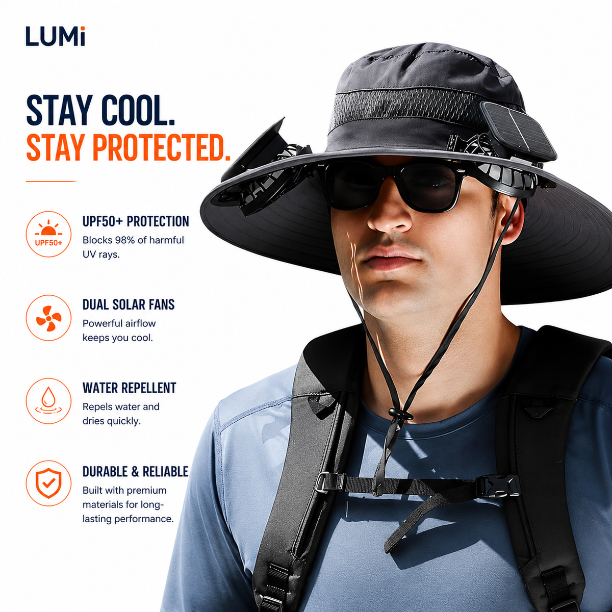 LUMi™ UPF 50 Wide Brim Bucket Hat w/ Solar Fans