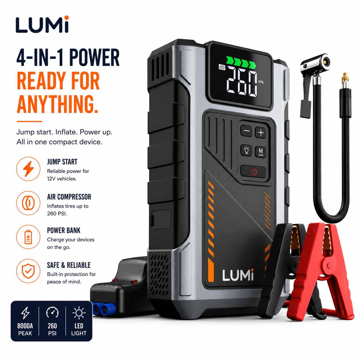 LUMi™ 3-in-1 Portable Jump Starter with Air Compressor